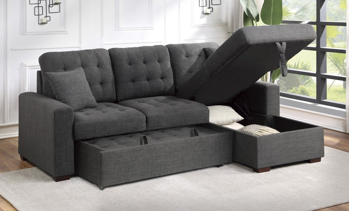 Homelegance 9916DG-SC 2 pc Mccafferty dark grey textured fabric sectional sofa storage chaise and pop up sleep area