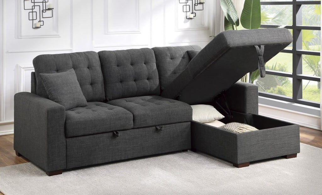 Homelegance 9916DG-SC 2 pc Mccafferty dark grey textured fabric sectional sofa storage chaise and pop up sleep area