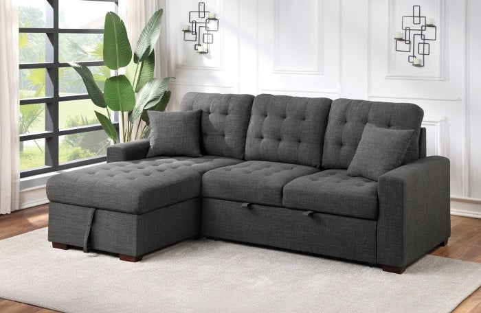 Homelegance 9916DG-2LCRL 2 pc Mccafferty dark grey textured fabric sectional sofa storage chaise and pop up sleep area
