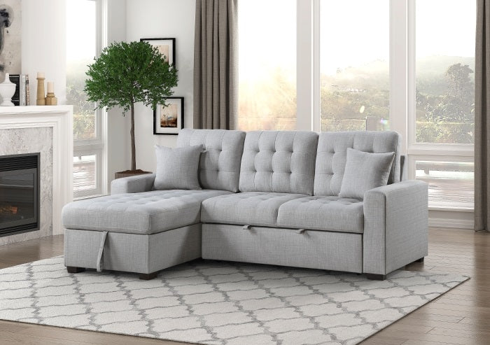 Homelegance 9916GY-2LCRL 2 pc Mccafferty light grey textured fabric sectional sofa storage chaise and pop up sleep area