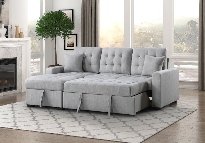 Homelegance 9916GY-2LCRL 2 pc Mccafferty light grey textured fabric sectional sofa storage chaise and pop up sleep area