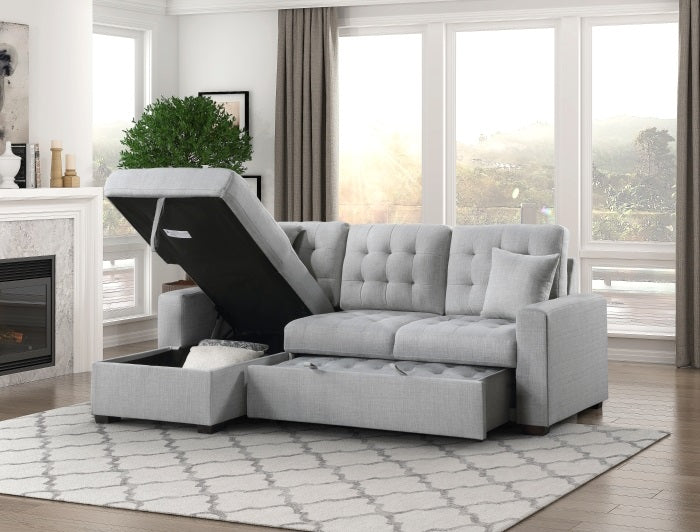Homelegance 9916GY-2LCRL 2 pc Mccafferty light grey textured fabric sectional sofa storage chaise and pop up sleep area