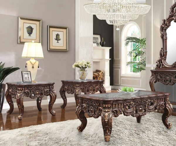 Homey Design HD-998-C-3PC Cherry walnut finish wood gold accents ornate coffee table and 2 - end table set