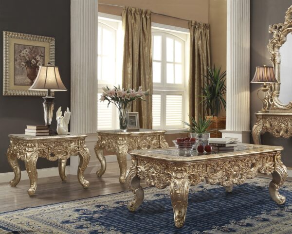 Homey Design HD-998-G-3PC Marbled metallic gold finish wood ornate coffee table and 2 - end table set