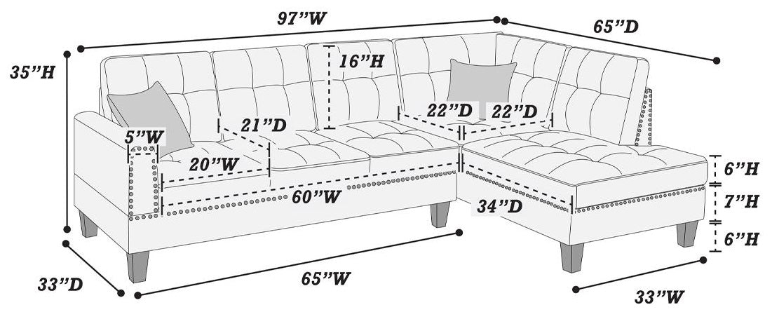 Poundex F8882 2 pc dark coffee linen like fabric sectional sofa with chaise and nail head trim
