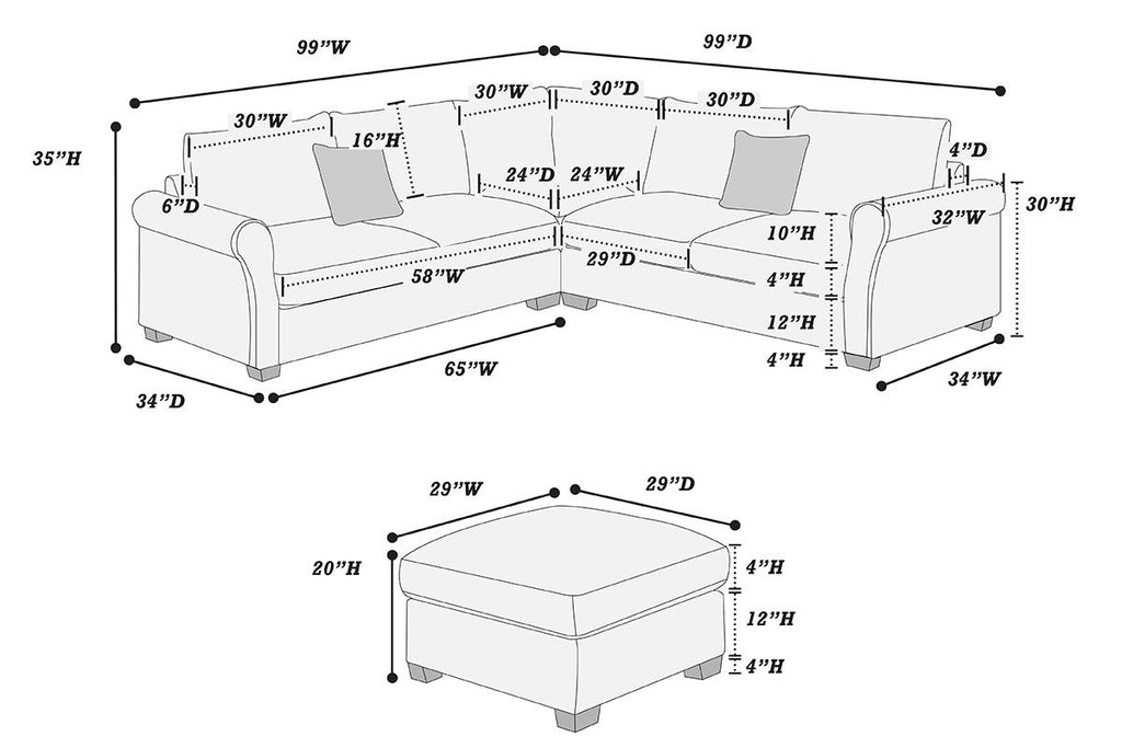 Poundex F8820 4 pc sage green corduroy fabric sectional sofa with rounded arms and ottoman