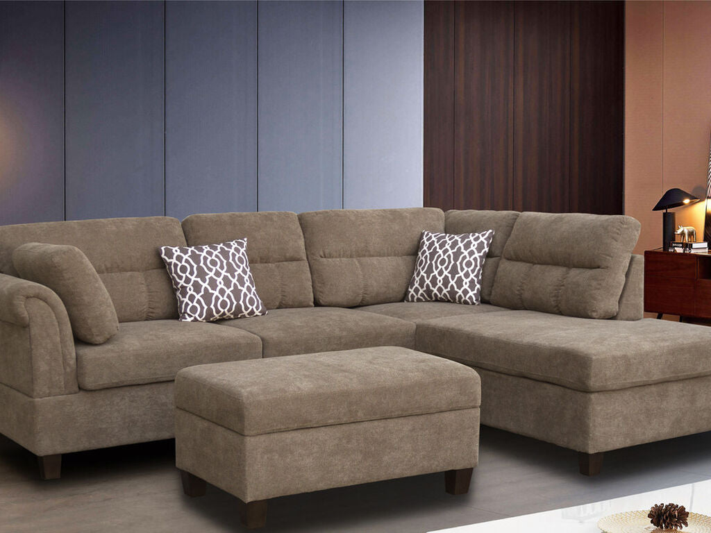 A83003 3 pc Diego brown fabric sectional sofa with RAF chaise and storage ottoman