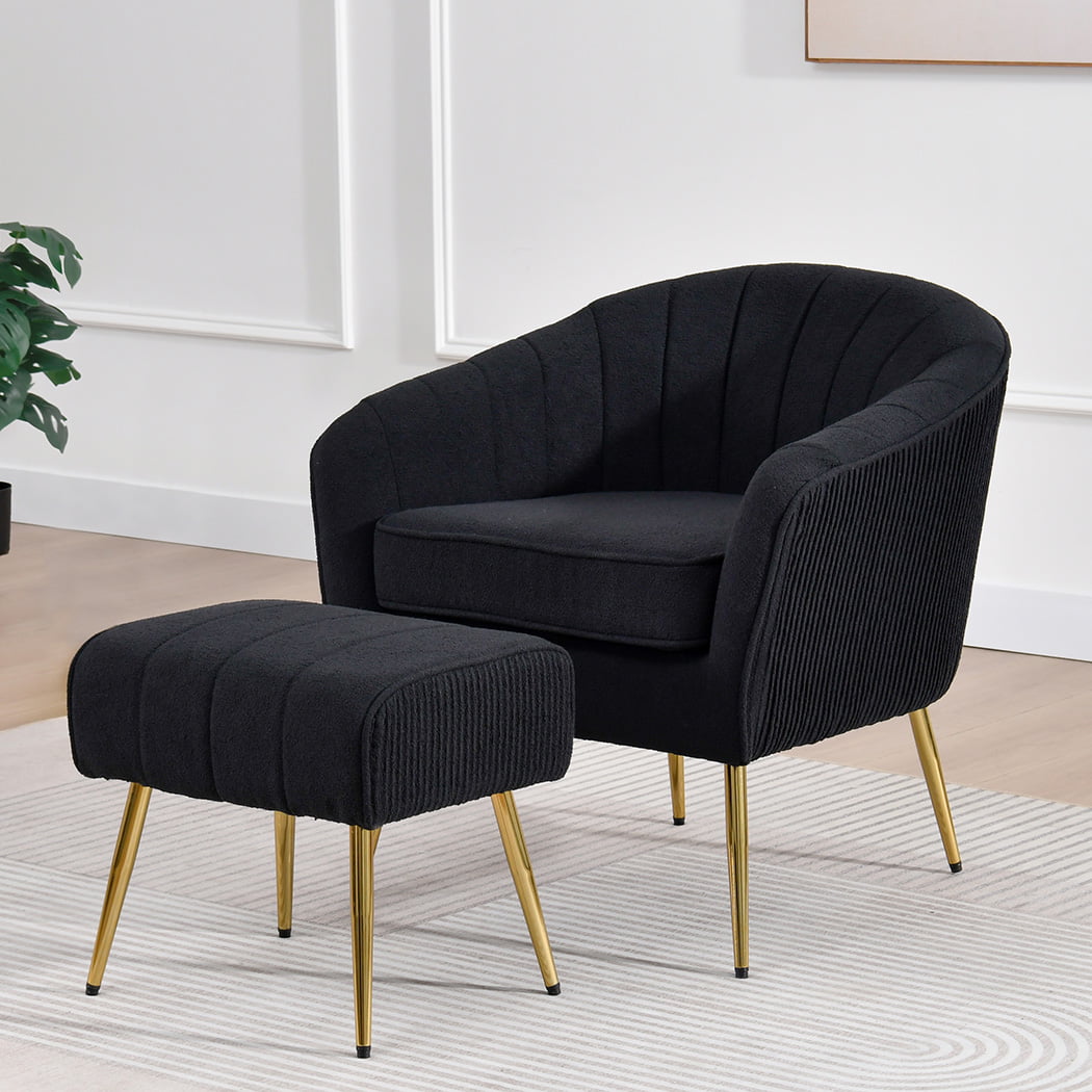 AC162 2 pc Holly black boucle fabric barrel back pleated sides accent chair and ottoman with gold legs