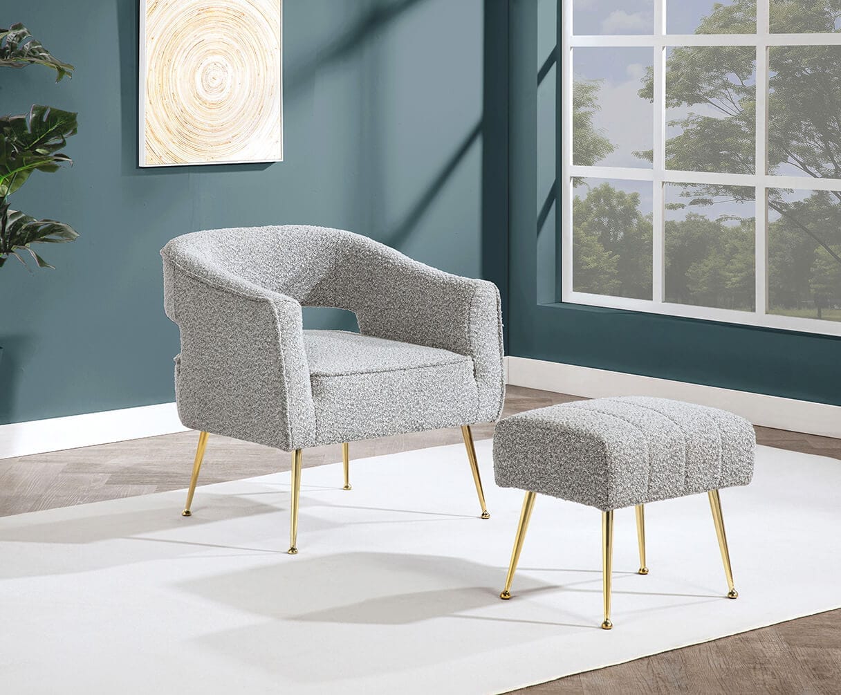 AC230 2 pc Janice rich grey teddy bear boucle fabric barrel back accent chair and ottoman with gold legs