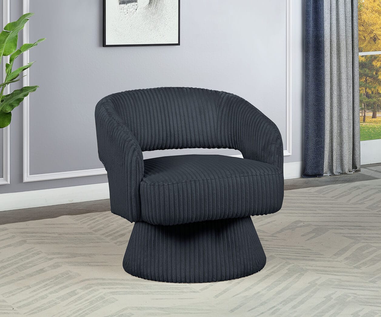 AC291 Valerie dark grey velvety wide corduroy barrel back swivel accent chair