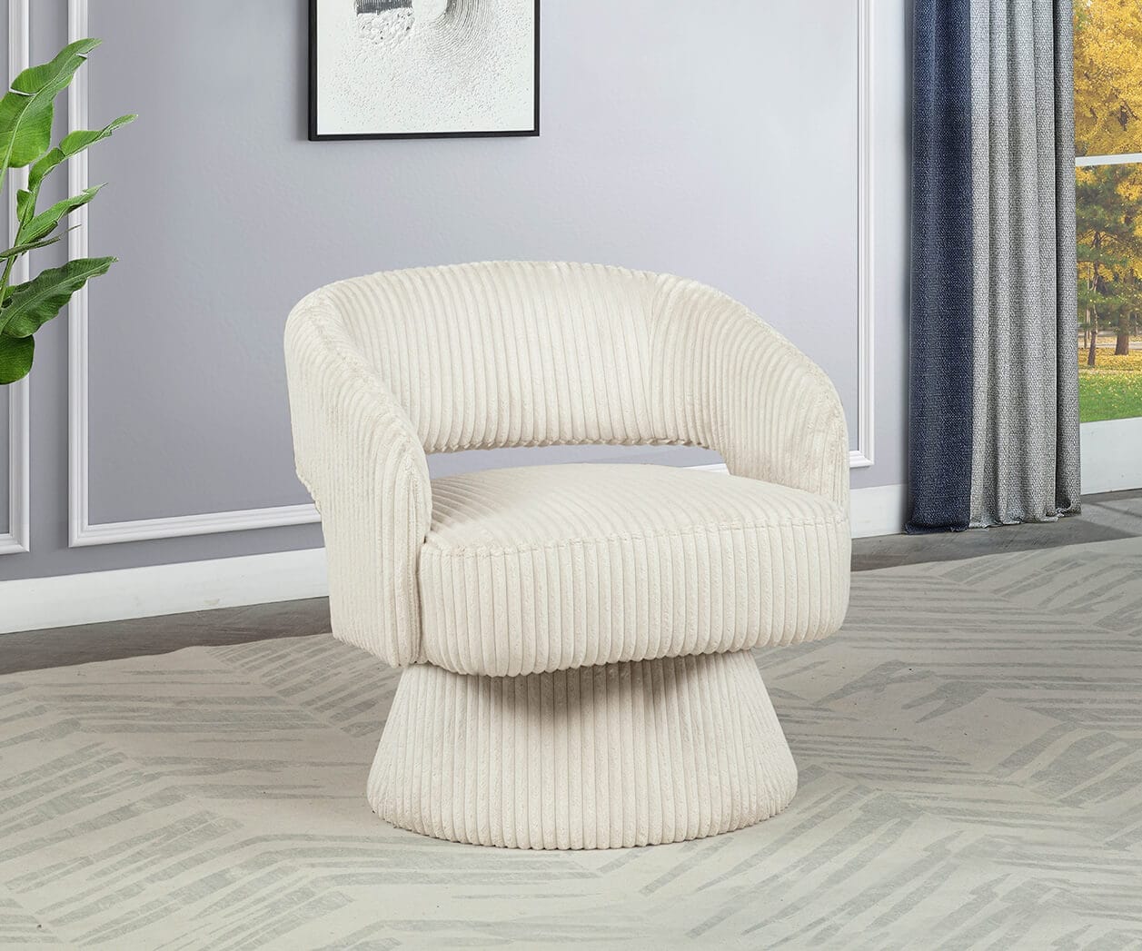 AC293 Valerie cream velvety wide corduroy barrel back swivel accent chair