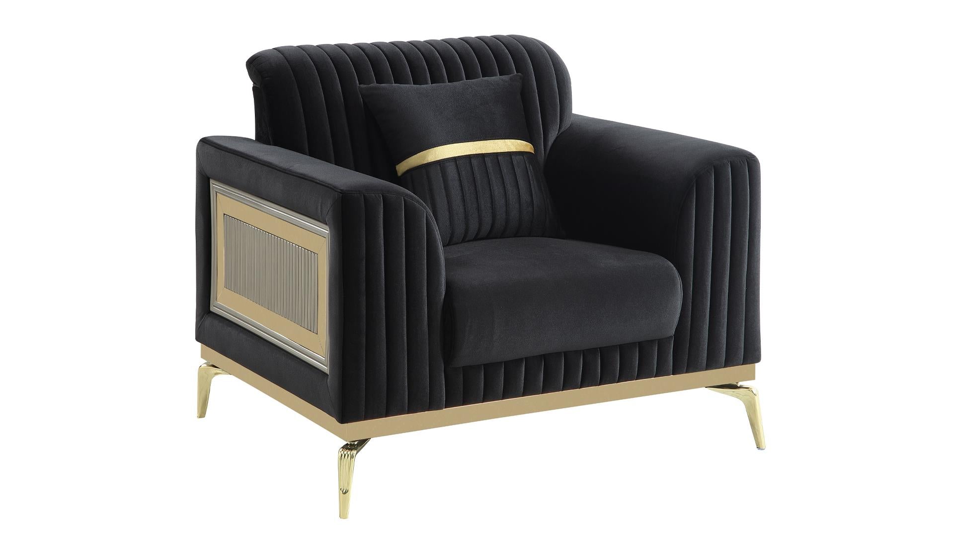 2 pc Antigua black fabric upholstered geometric pattern arms gold trim accents sofa and love seat set