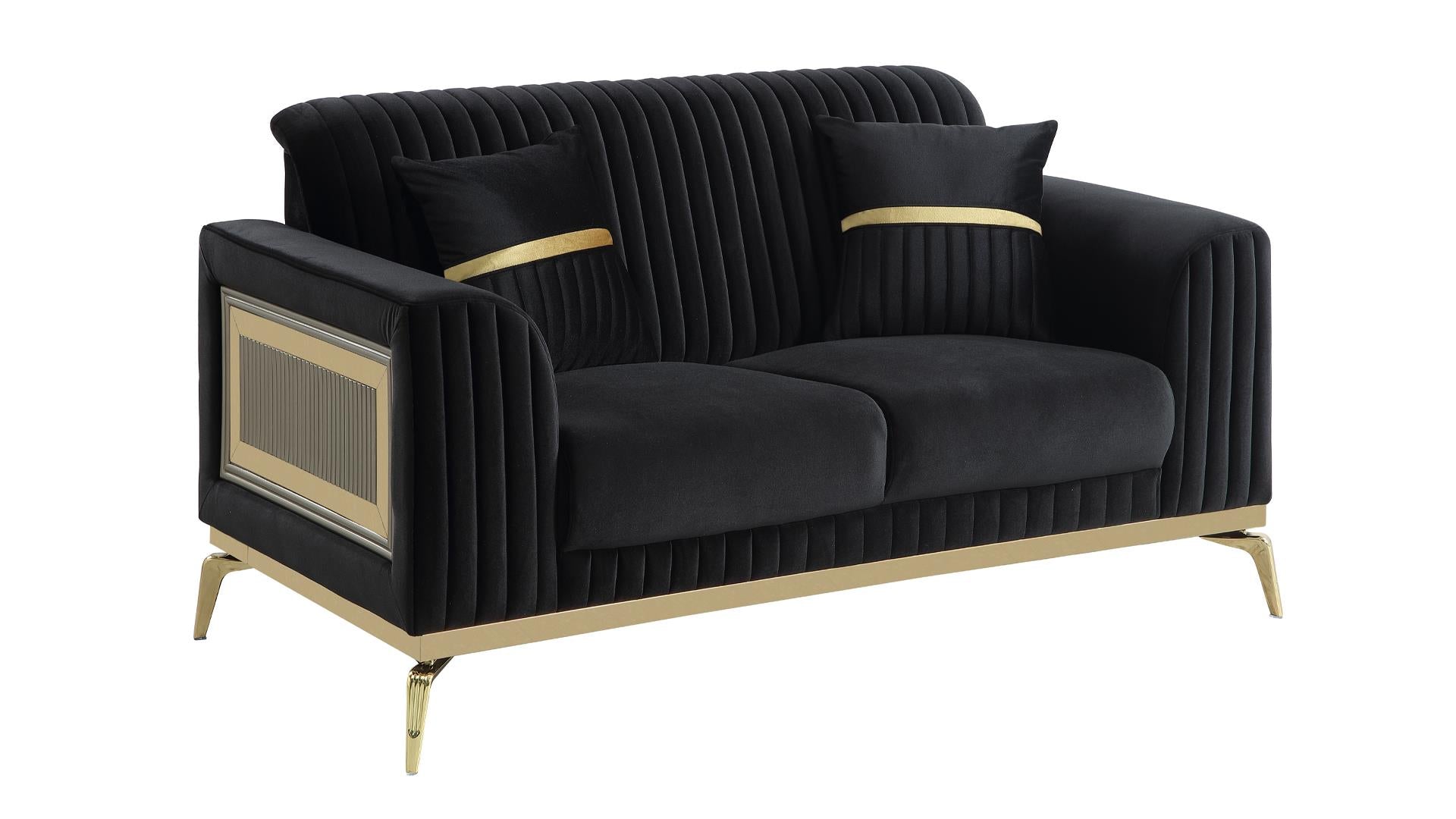 2 pc Antigua black fabric upholstered geometric pattern arms gold trim accents sofa and love seat set