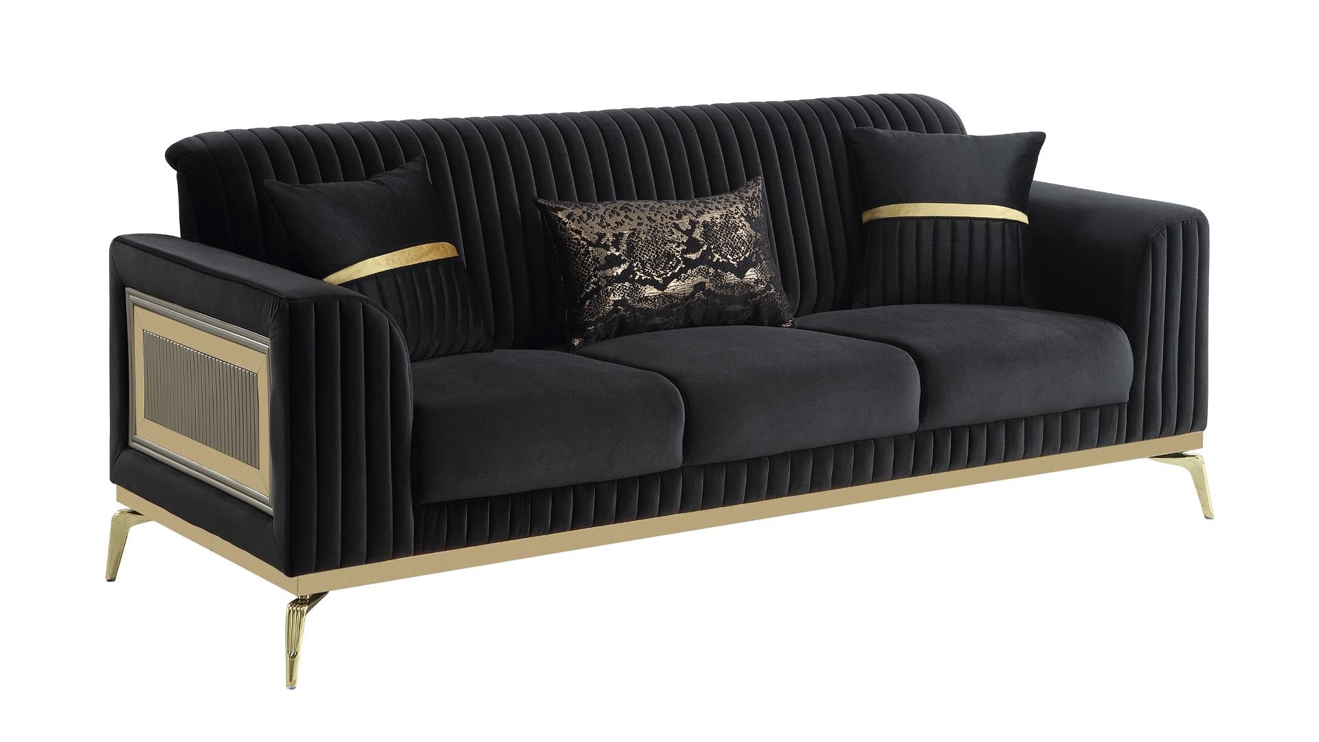 2 pc Antigua black fabric upholstered geometric pattern arms gold trim accents sofa and love seat set