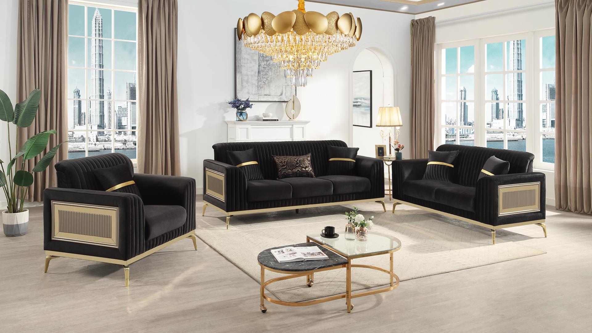 2 pc Antigua black fabric upholstered geometric pattern arms gold trim accents sofa and love seat set