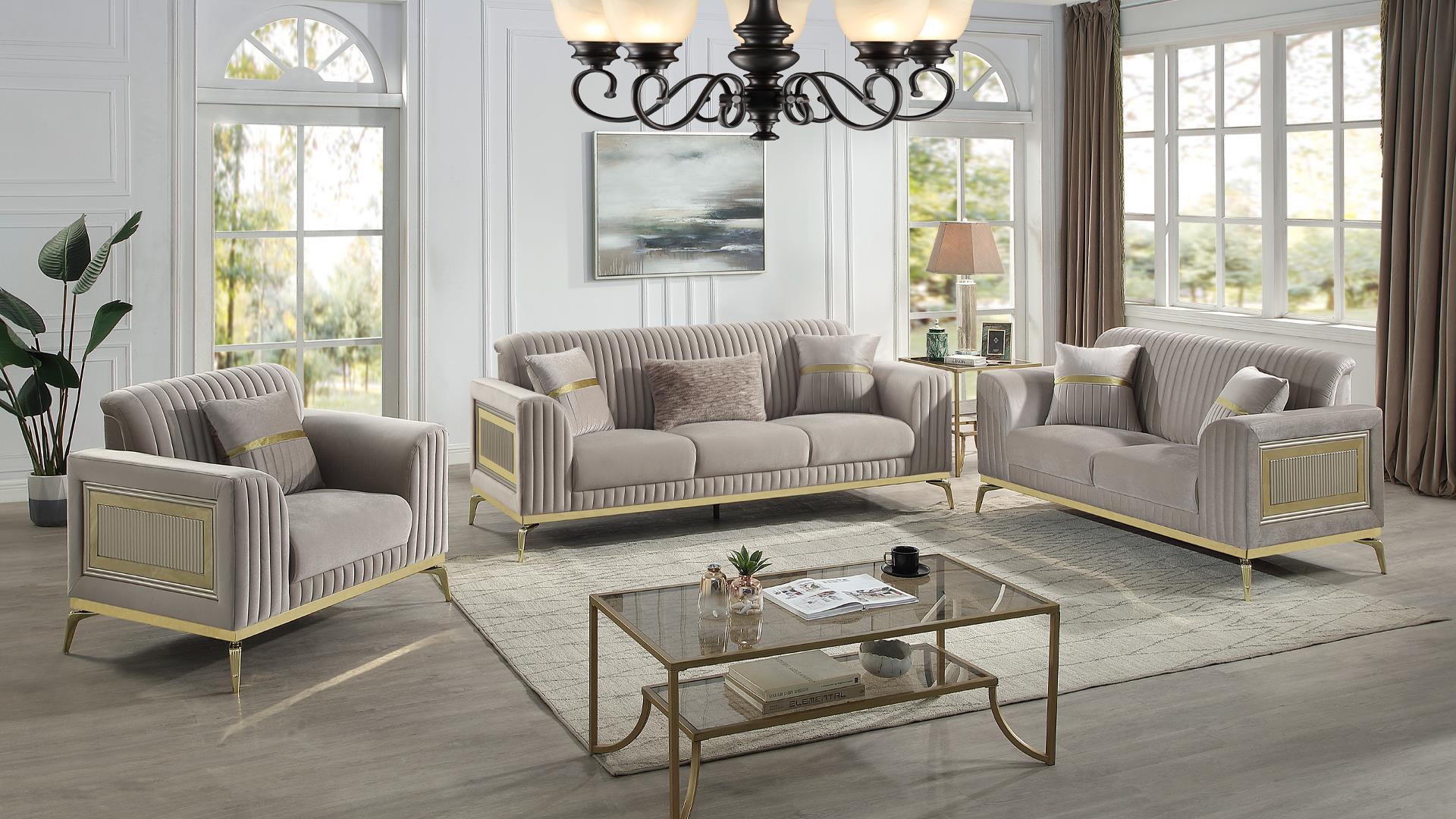 2 pc Antigua Taupe fabric upholstered geometric pattern arms gold trim accents sofa and love seat set