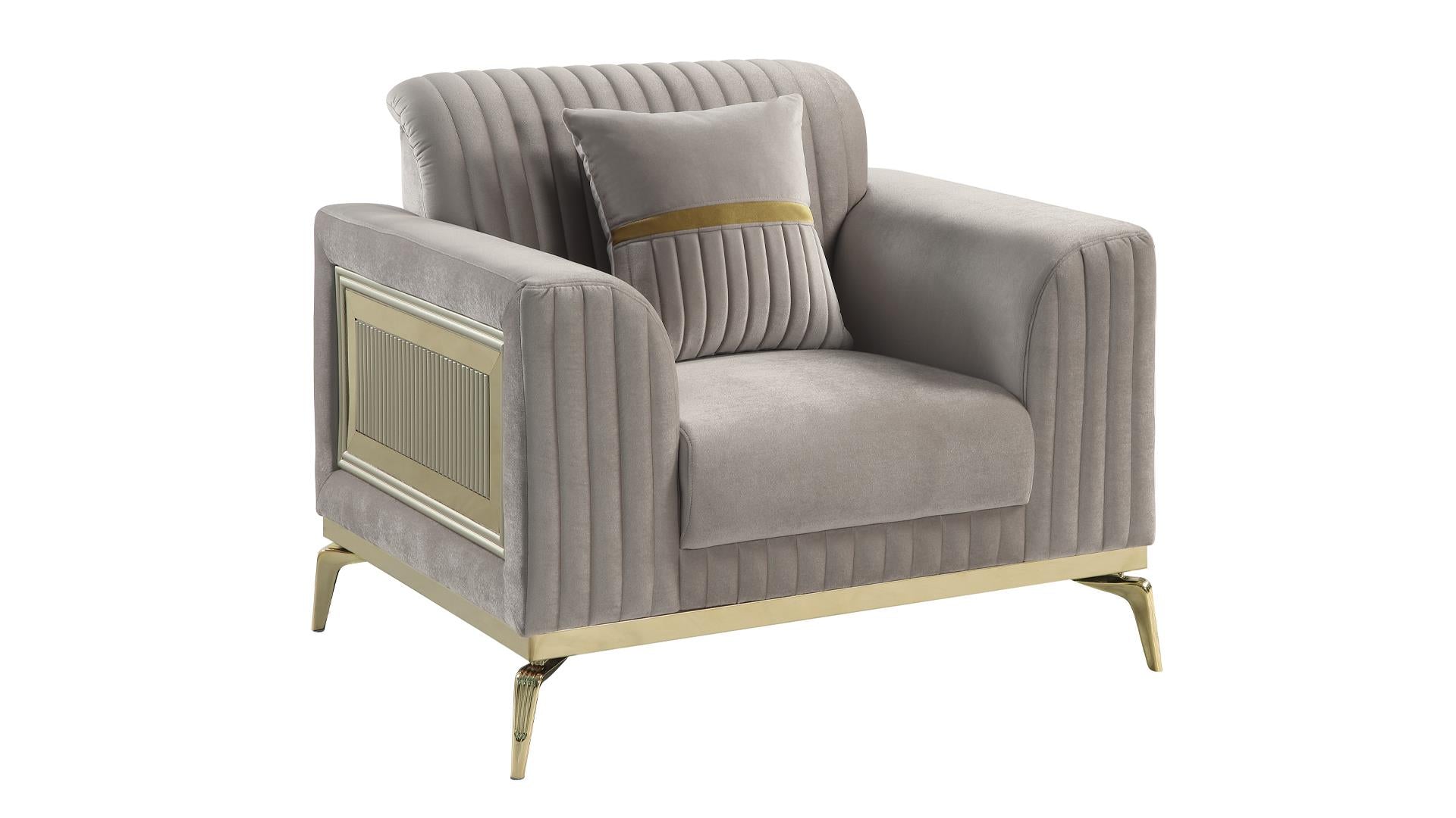 2 pc Antigua Taupe fabric upholstered geometric pattern arms gold trim accents sofa and love seat set