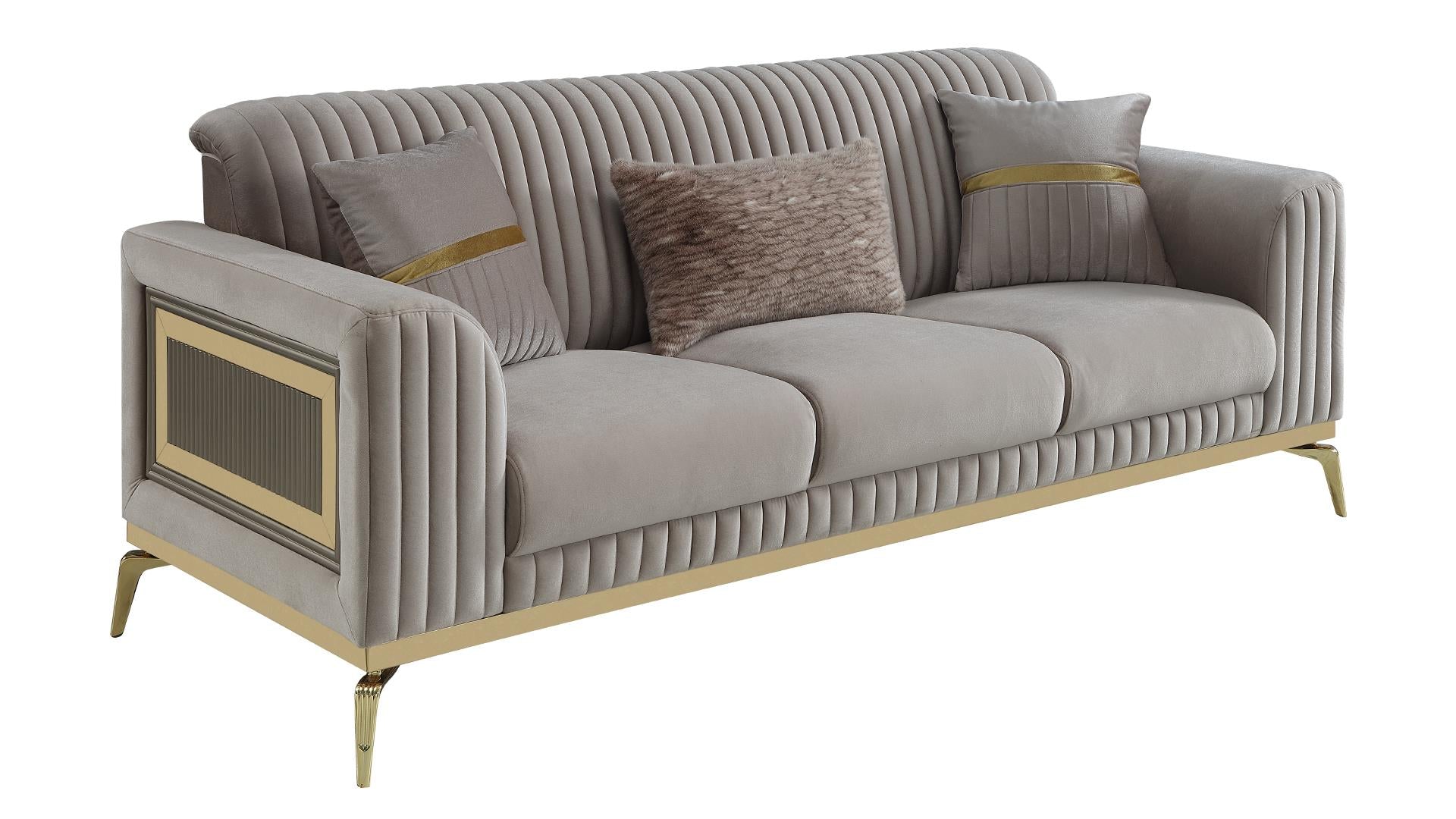 2 pc Antigua Taupe fabric upholstered geometric pattern arms gold trim accents sofa and love seat set