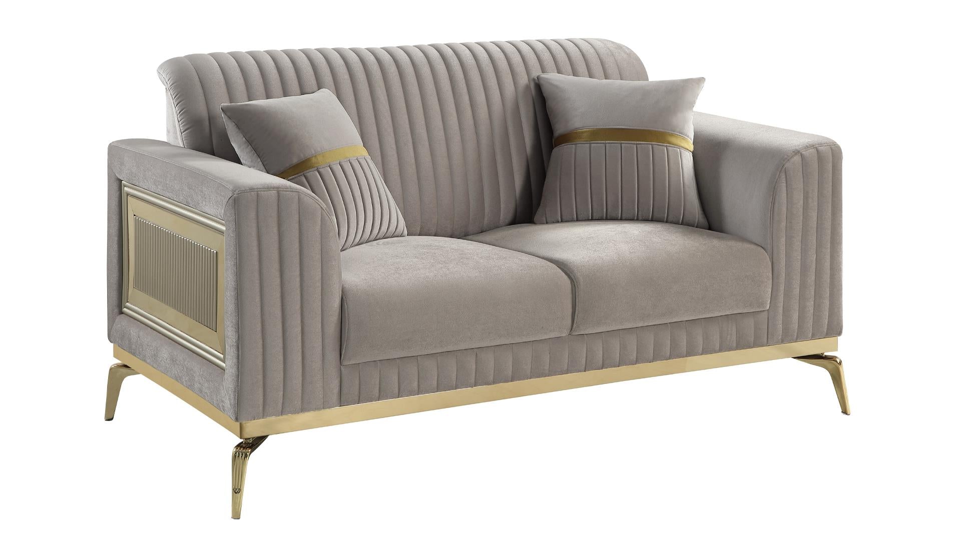2 pc Antigua Taupe fabric upholstered geometric pattern arms gold trim accents sofa and love seat set