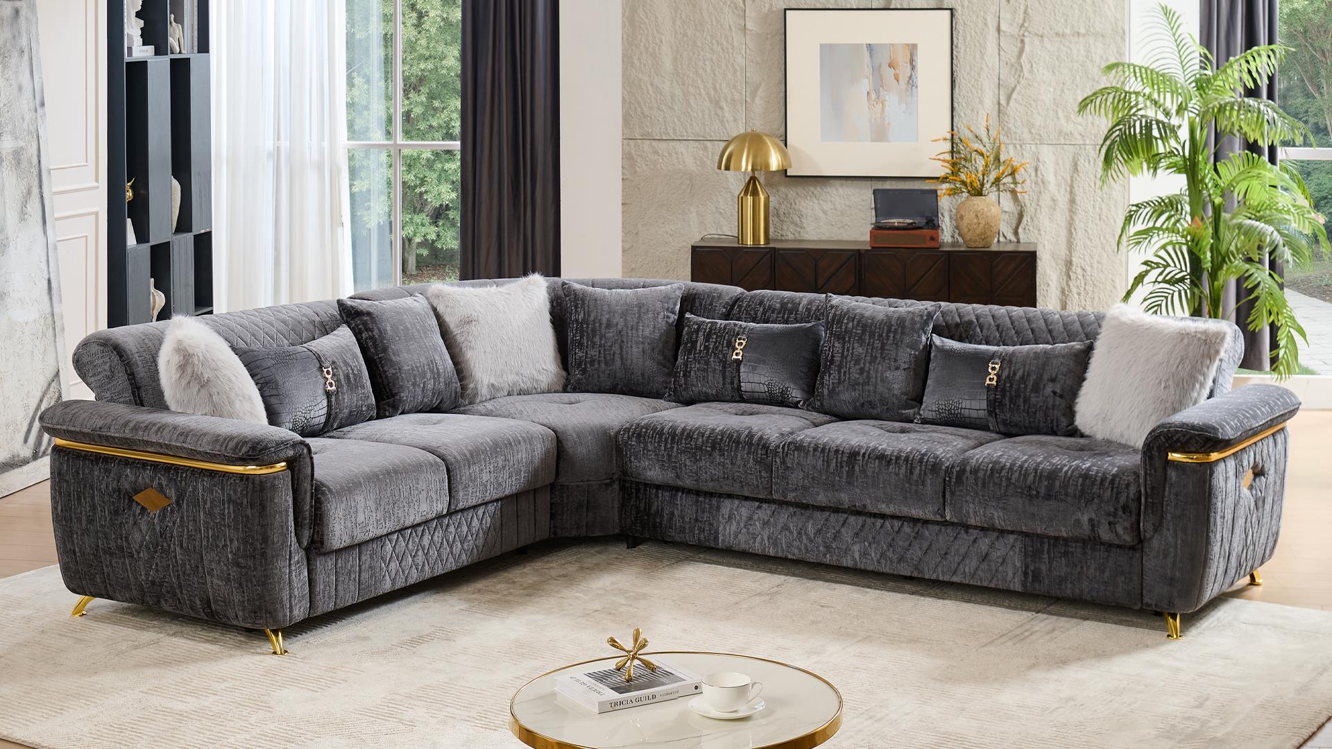 3 pc Argo grey fabric upholstered dual sleeper with storage reversible sectional sofa gold trim accents