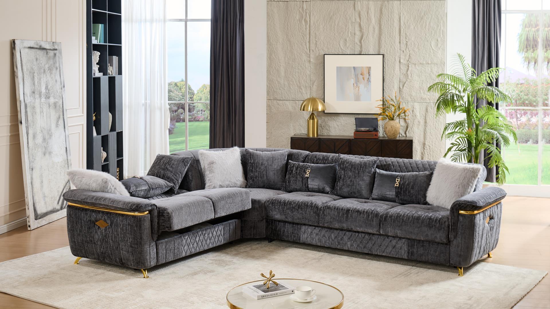 3 pc Argo grey fabric upholstered dual sleeper with storage reversible sectional sofa gold trim accents