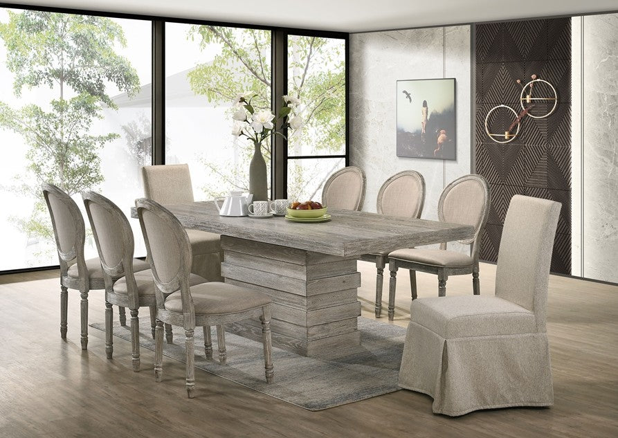 Acme 77185 7 pc Gracie oaks demello faustine salvaged light oak finish wood pedestal dining table set