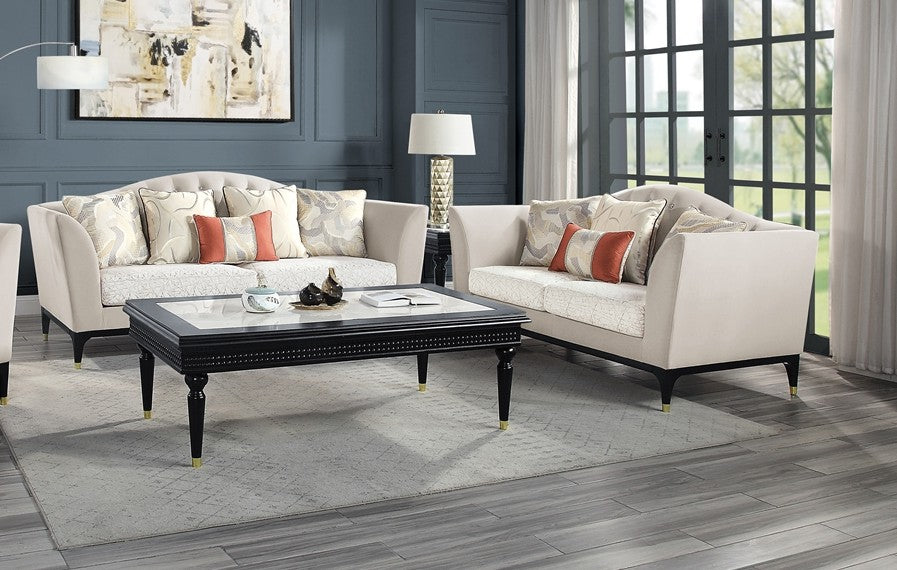 Acme LV01155-56 2 pc Rosdorf park tayden beige velvet fabric black finish wood sofa and love seat set