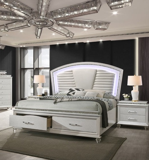 Adele 4 pc Adele pearl white finish wood faux leather upholstered headboard LED lighting queen bed set footboard drawers