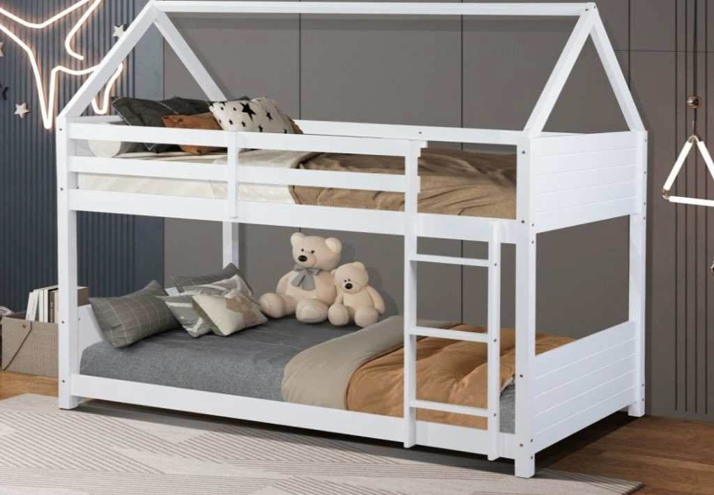 Albany-WHT White finish wood twin over twin bunk bed with house style top frame