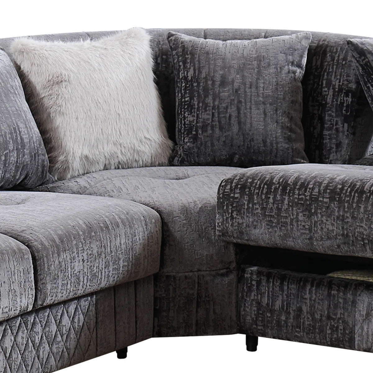 3 pc Argo grey fabric upholstered dual sleeper with storage reversible sectional sofa gold trim accents