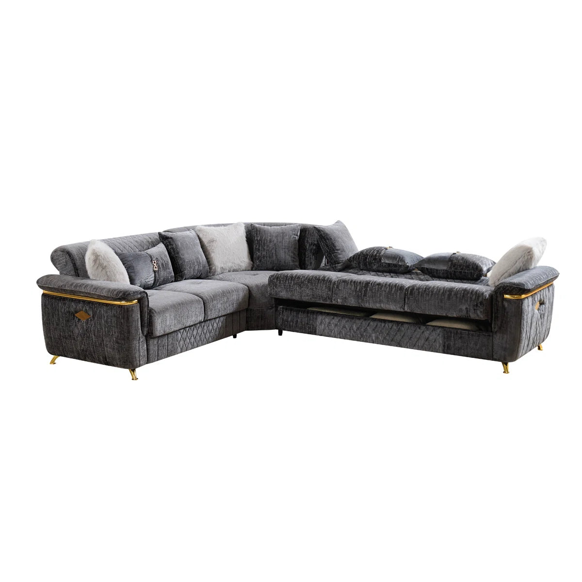 3 pc Argo grey fabric upholstered dual sleeper with storage reversible sectional sofa gold trim accents