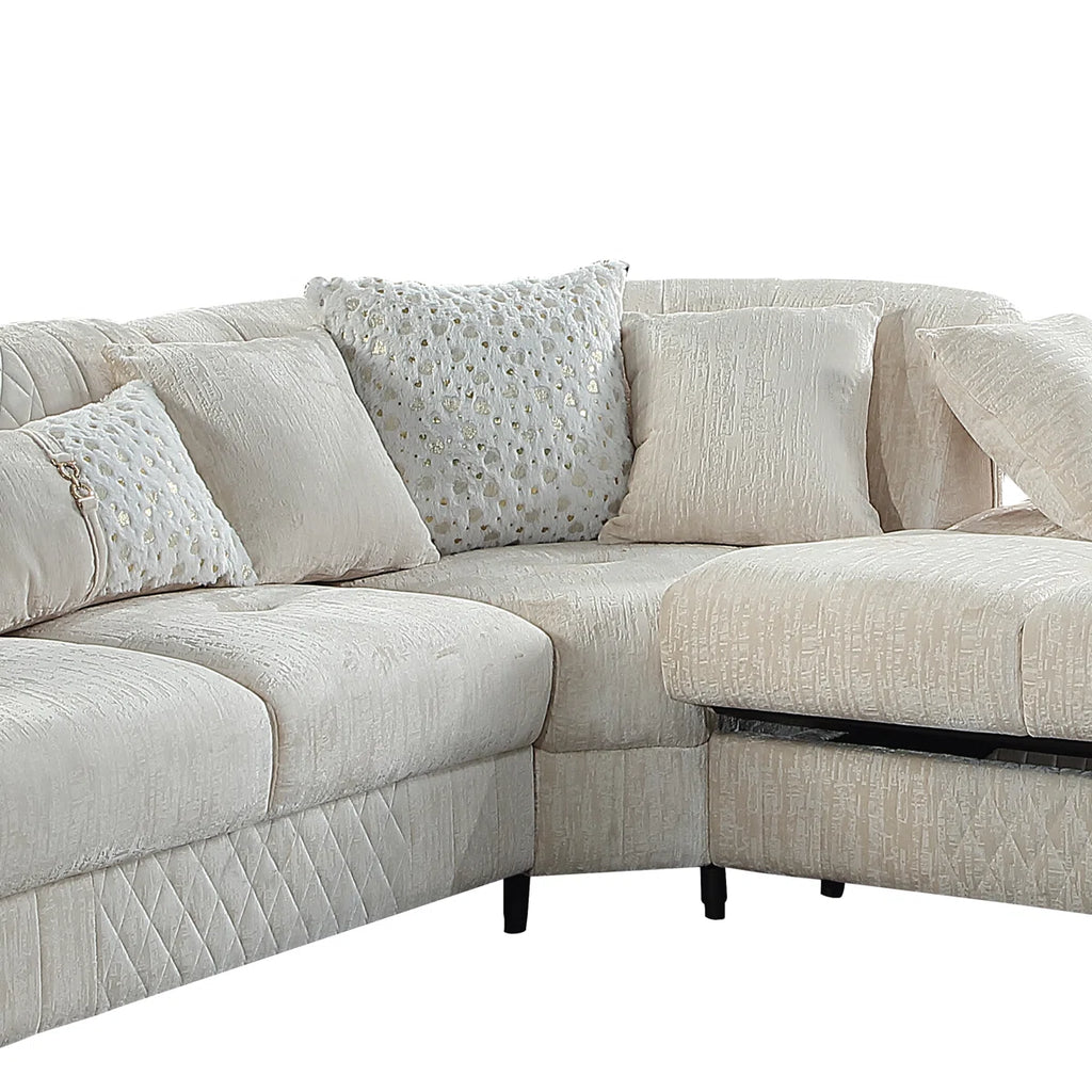 3 pc Argo cream fabric upholstered dual sleeper with storage reversible sectional sofa gold trim accents