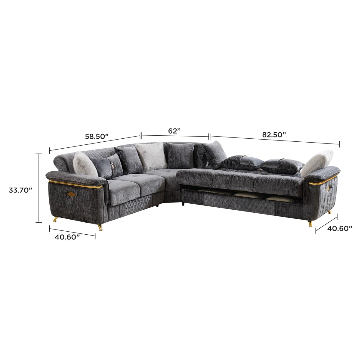 3 pc Argo grey fabric upholstered dual sleeper with storage reversible sectional sofa gold trim accents