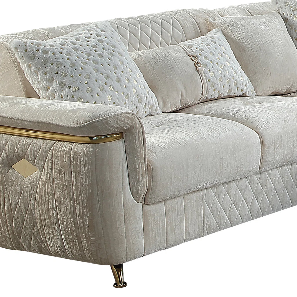 3 pc Argo cream fabric upholstered dual sleeper with storage reversible sectional sofa gold trim accents