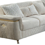 3 pc Argo cream fabric upholstered dual sleeper with storage reversible sectional sofa gold trim accents