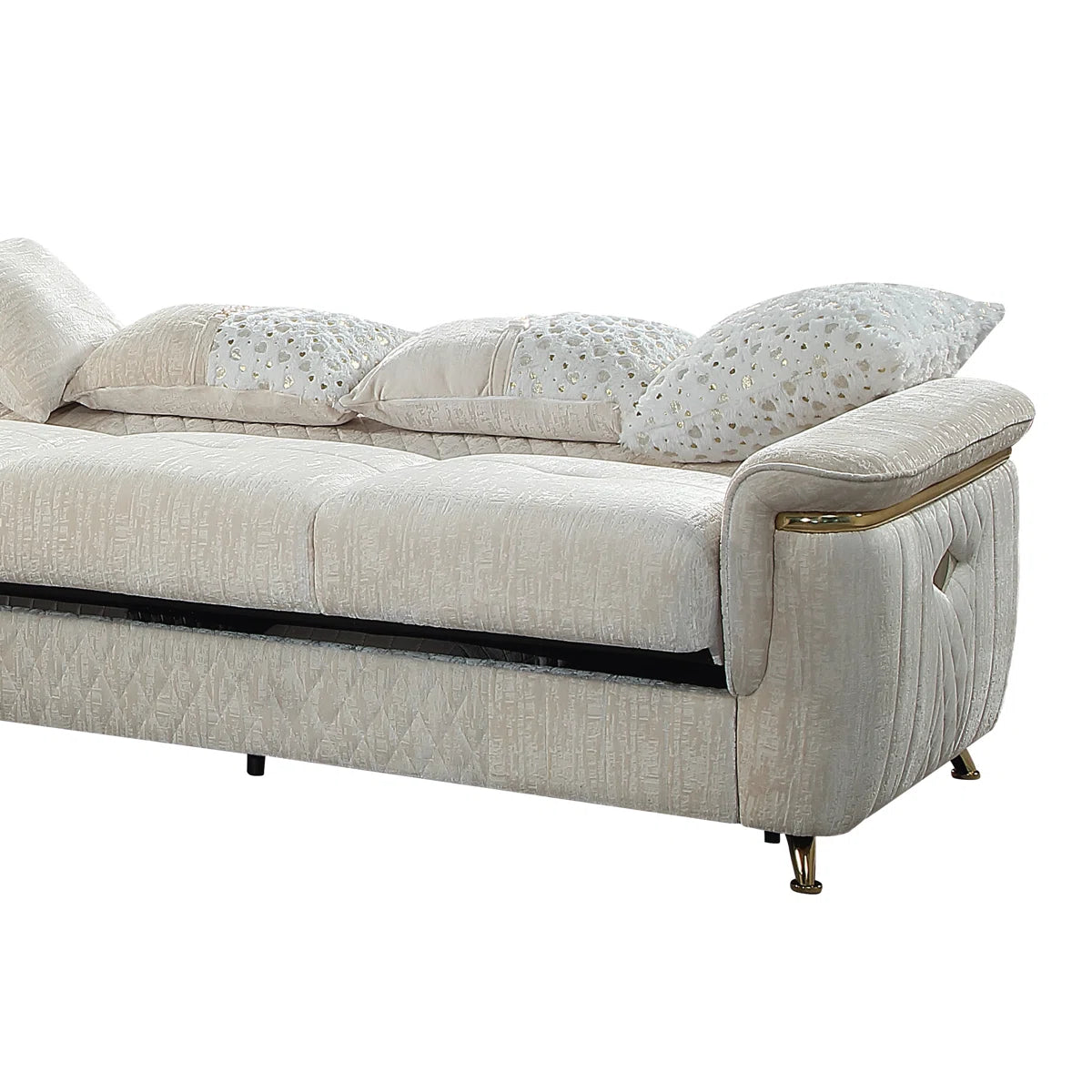 3 pc Argo cream fabric upholstered dual sleeper with storage reversible sectional sofa gold trim accents