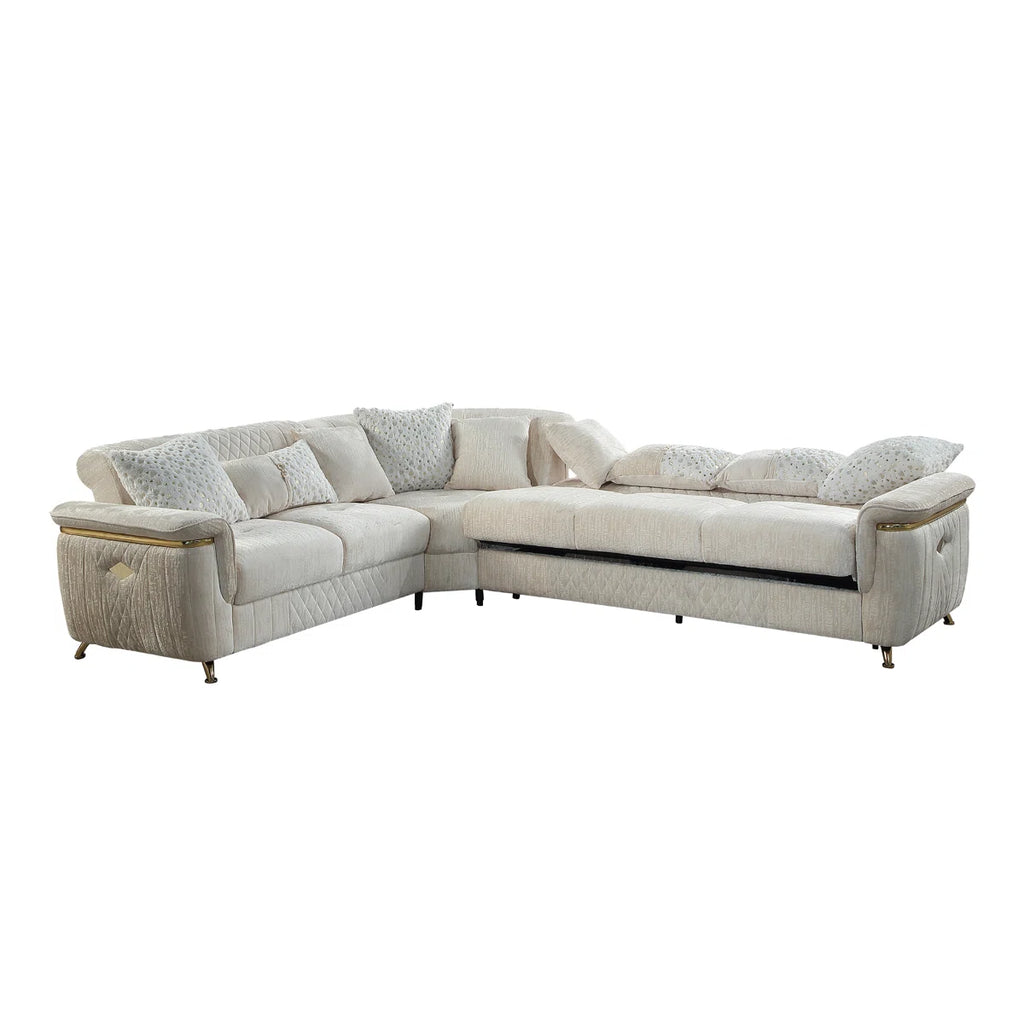 3 pc Argo cream fabric upholstered dual sleeper with storage reversible sectional sofa gold trim accents