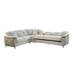 3 pc Argo cream fabric upholstered dual sleeper with storage reversible sectional sofa gold trim accents