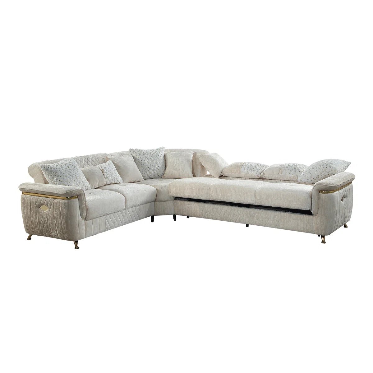 3 pc Argo cream fabric upholstered dual sleeper with storage reversible sectional sofa gold trim accents