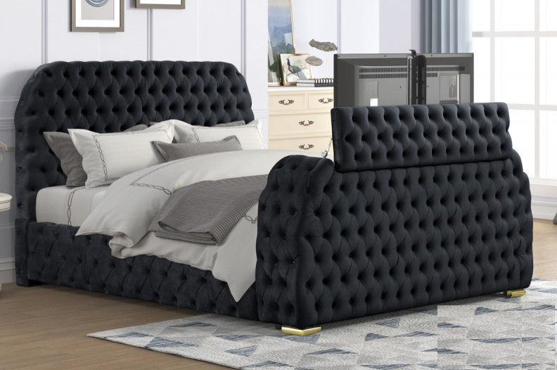 B01-BK  Black tufted velvet fabric queen bed frame with TV lift and visual fireplace in footboard