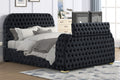 B01-BK  Black tufted velvet fabric queen bed frame with TV lift and visual fireplace in footboard