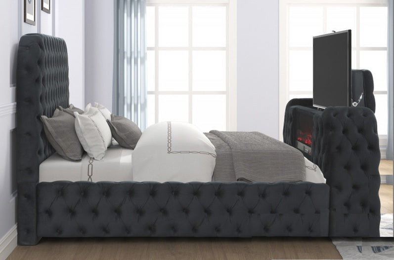 B01-BK  Black tufted velvet fabric queen bed frame with TV lift and visual fireplace in footboard