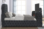 B01-BK  Black tufted velvet fabric queen bed frame with TV lift and visual fireplace in footboard