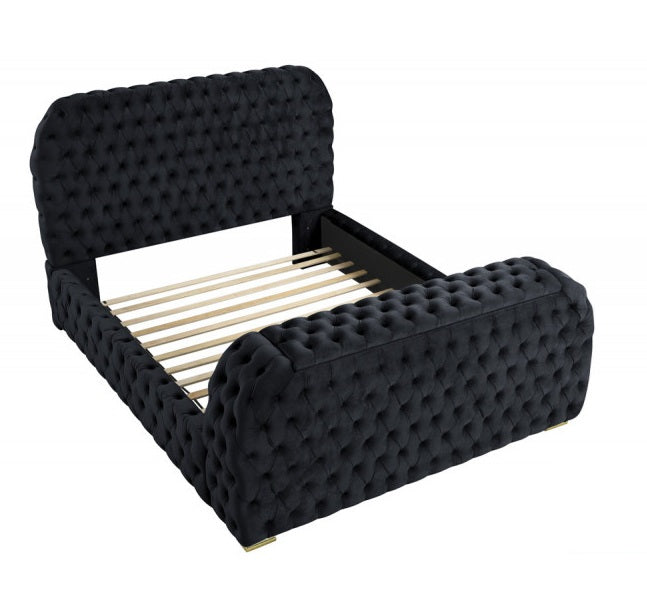 B01-BK  Black tufted velvet fabric queen bed frame with TV lift and visual fireplace in footboard
