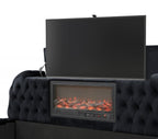B01-BK  Black tufted velvet fabric queen bed frame with TV lift and visual fireplace in footboard