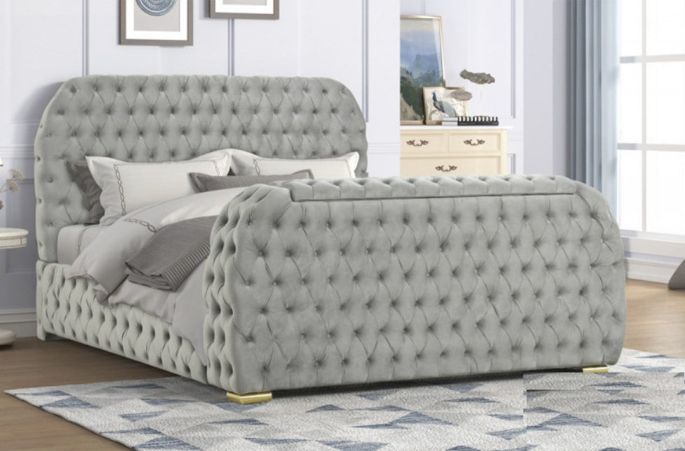 B01-GY  Grey tufted velvet fabric queen bed frame with TV lift and visual fireplace in footboard