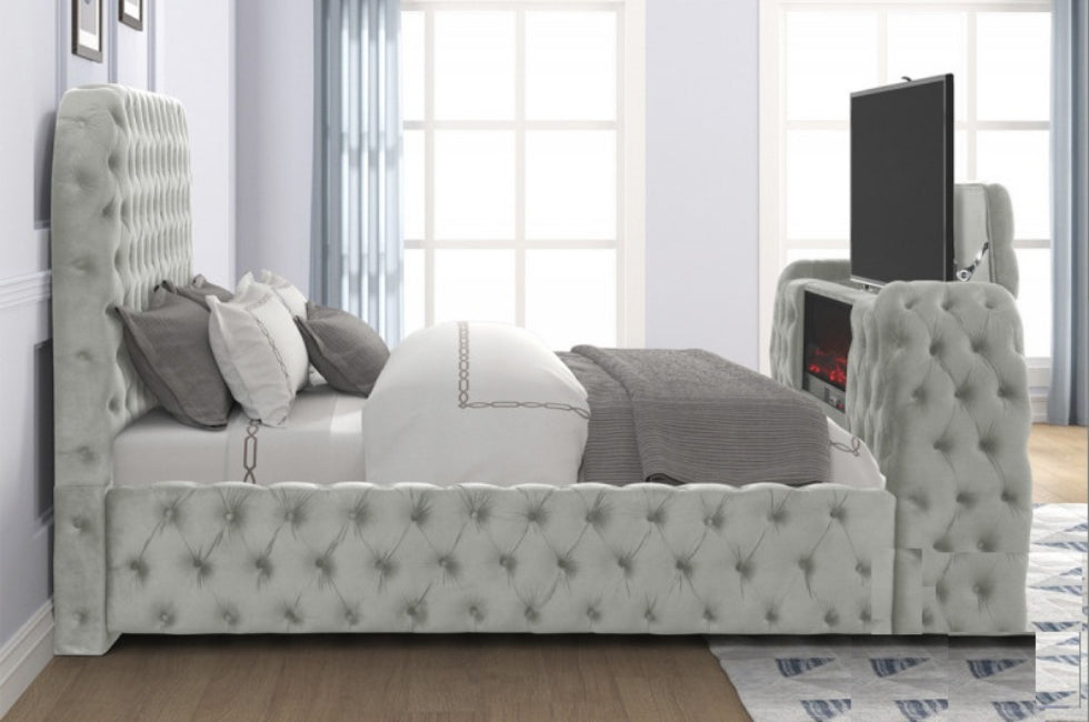 B01-GY  Grey tufted velvet fabric queen bed frame with TV lift and visual fireplace in footboard