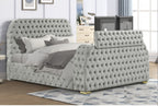 B01-GY  Grey tufted velvet fabric queen bed frame with TV lift and visual fireplace in footboard