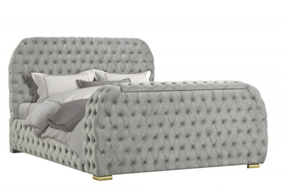 B01-GY  Grey tufted velvet fabric queen bed frame with TV lift and visual fireplace in footboard