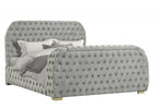 B01-GY  Grey tufted velvet fabric queen bed frame with TV lift and visual fireplace in footboard